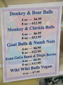 Menu at the Donkey Balls Factory Store